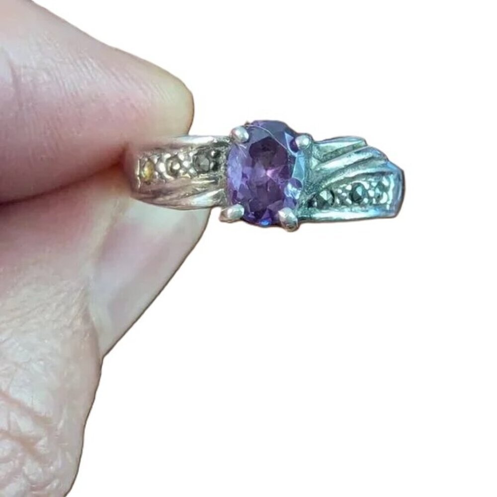 Vintage Silver Amethyst 925 Marcasite‎ Ring Boho Ornate Victorian Goth Dainty